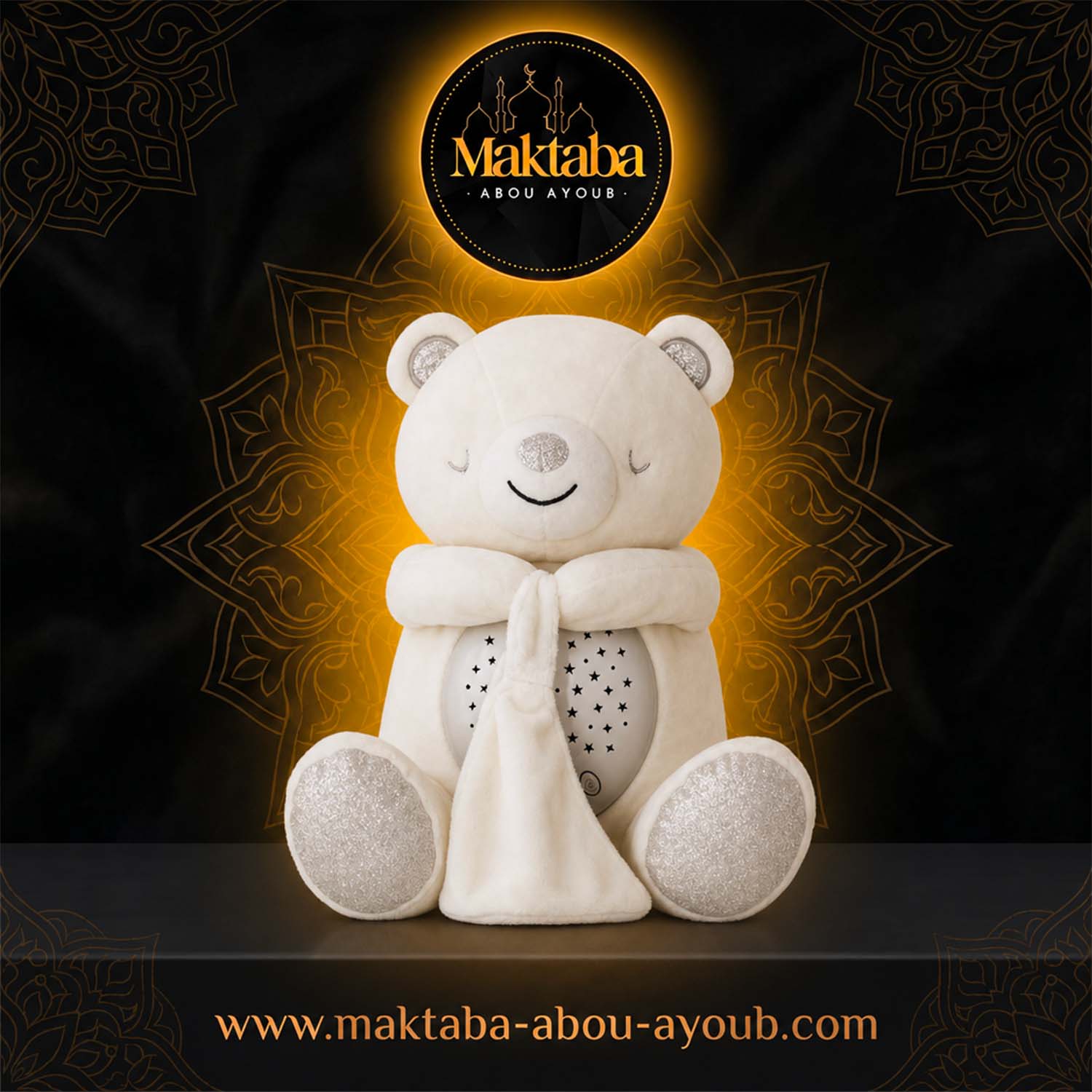 Nounours Jabar blanc et argenté, peluche veilleuse coranique